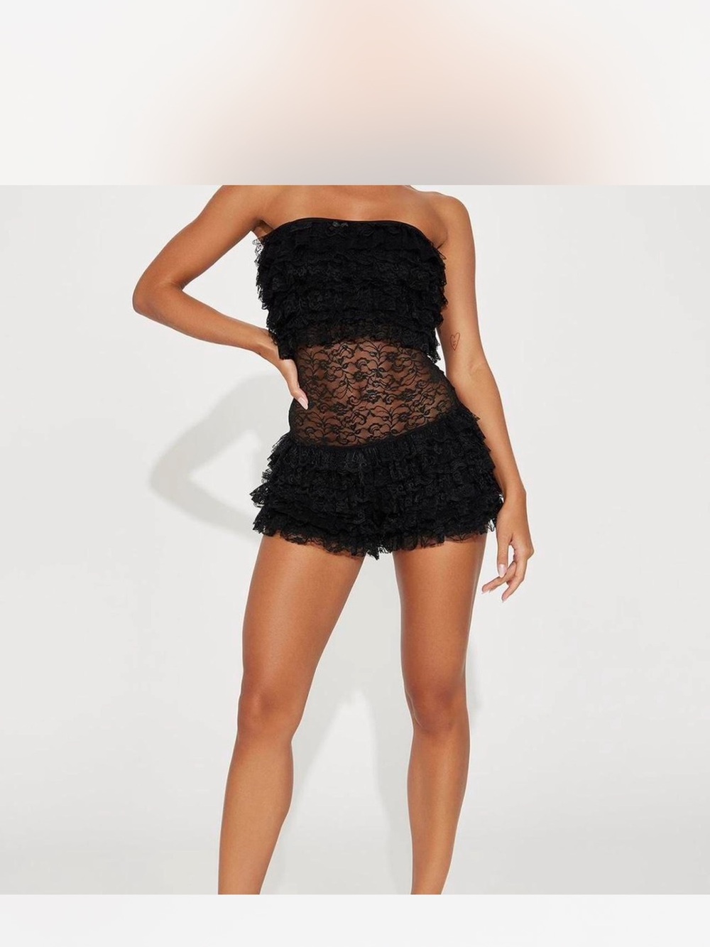Fashion Nova Black Lace Ruffle Strapless Romper